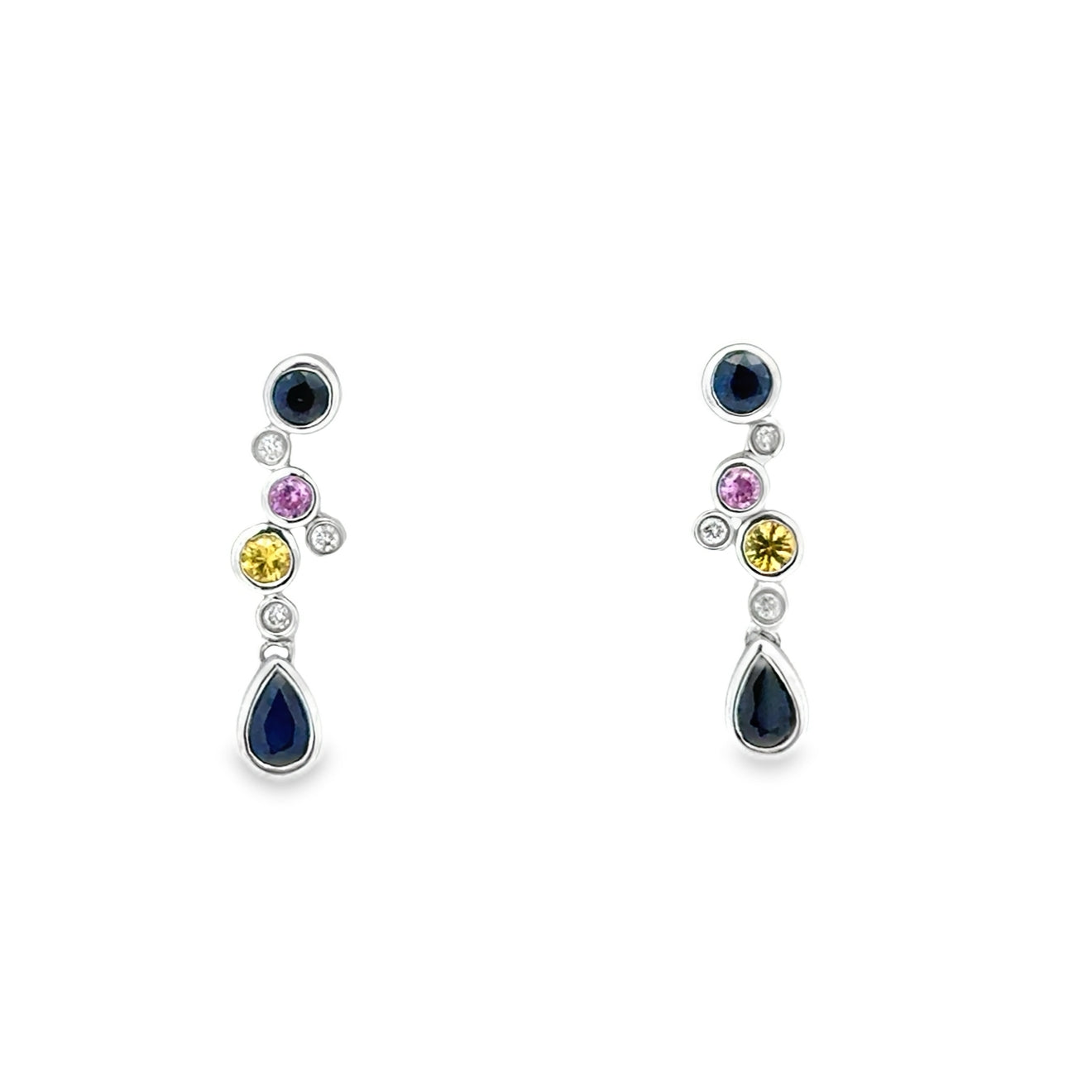 Multi Coloured Sapphire & Diamond Drop Earrings 14ct White Gold