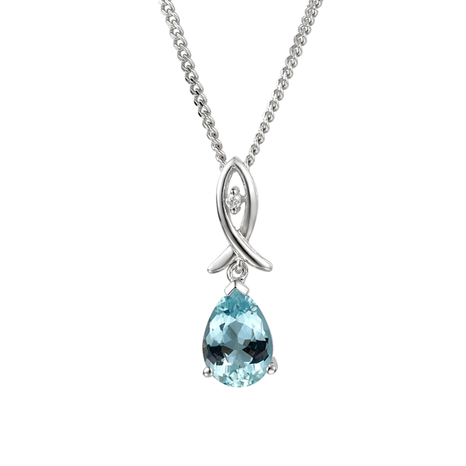 Aquamarine & Diamond Raindrop Pendant by Amore 9ct White Gold