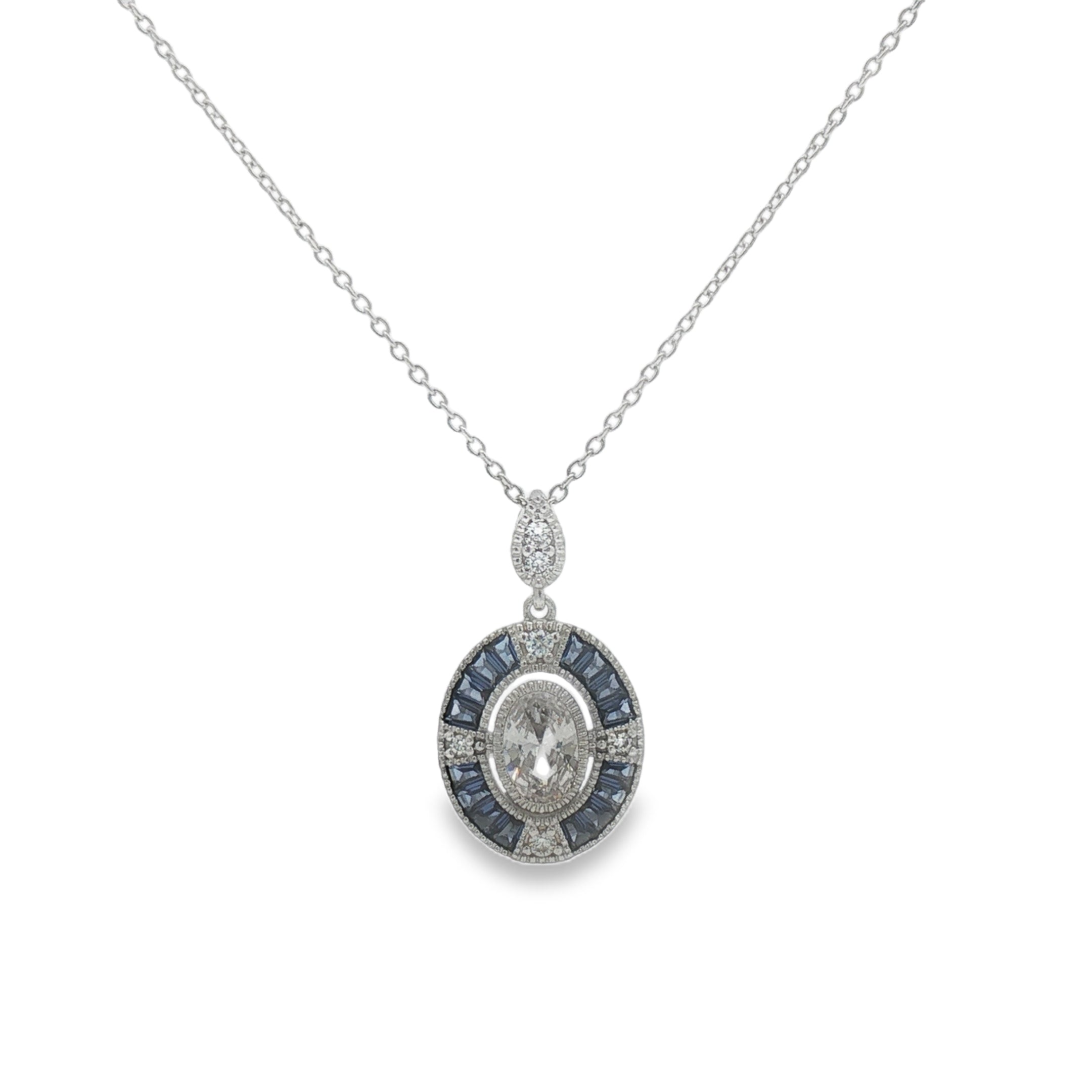 Sterling Silver Deco Style Blue & White CZ Necklace