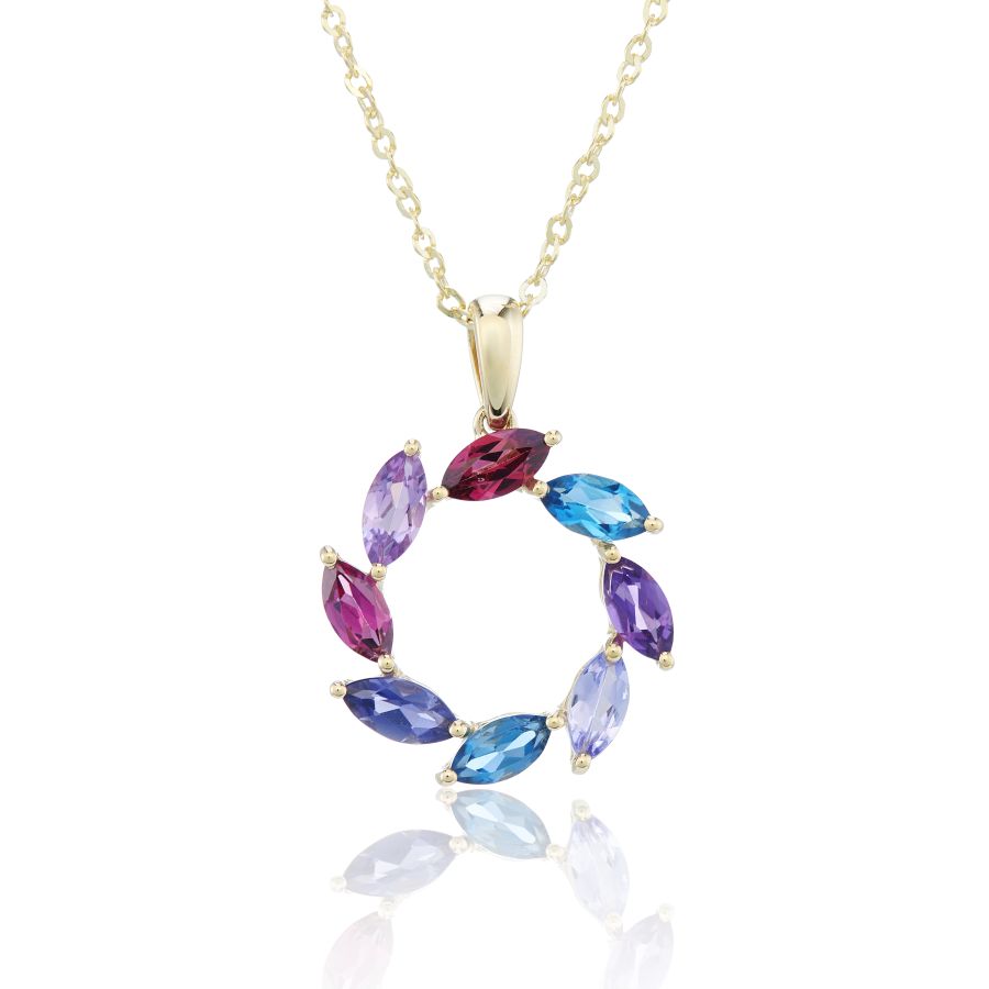 9ct Yellow Gold Multi Gem Circle Pendant Necklace