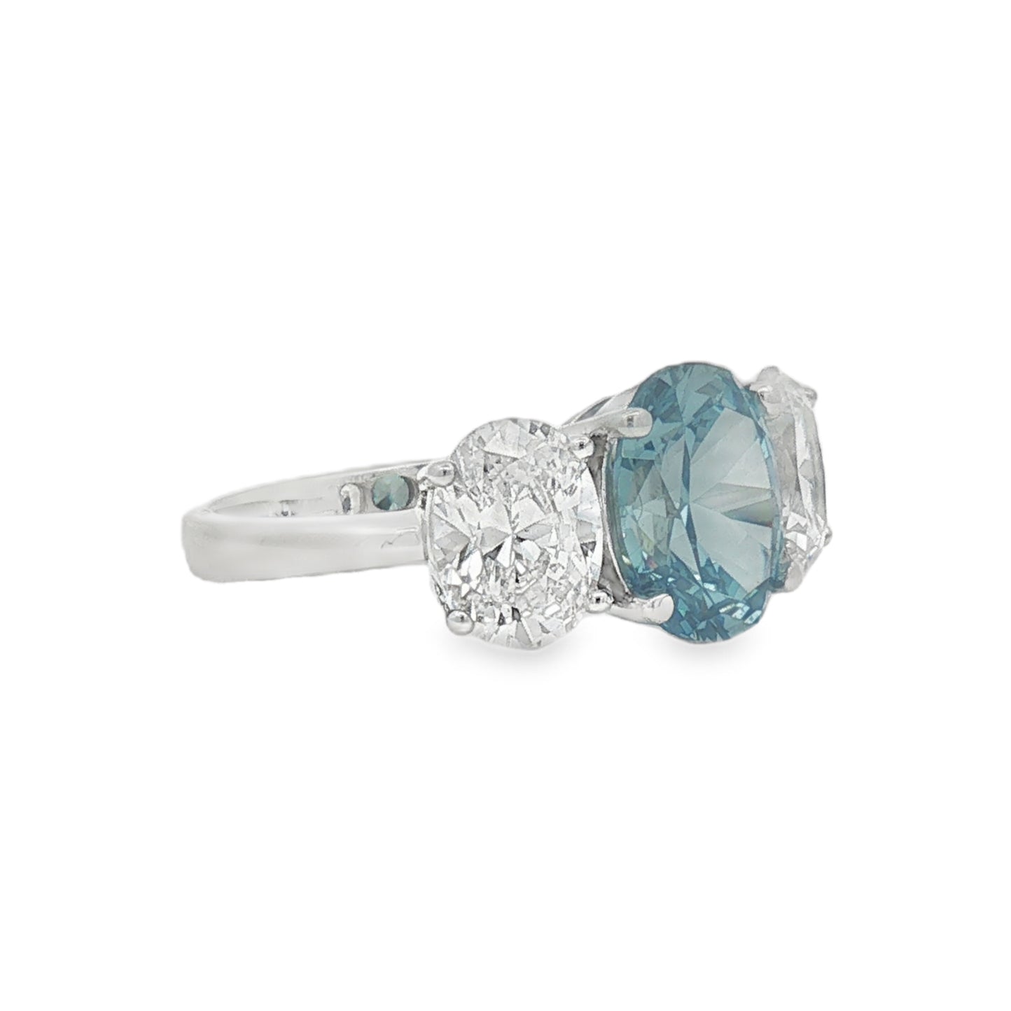 Silver Aqua Blue & White CZ Trilogy Ring SIDE
