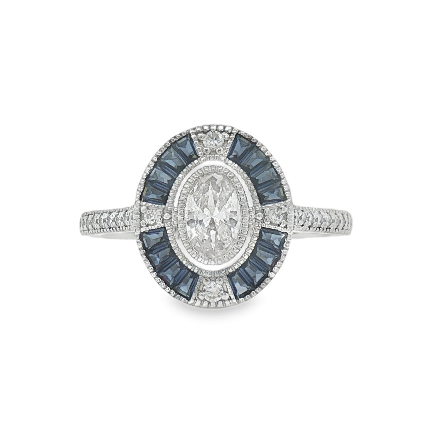 Sterling Silver Deco Style Blue & White CZ Ring