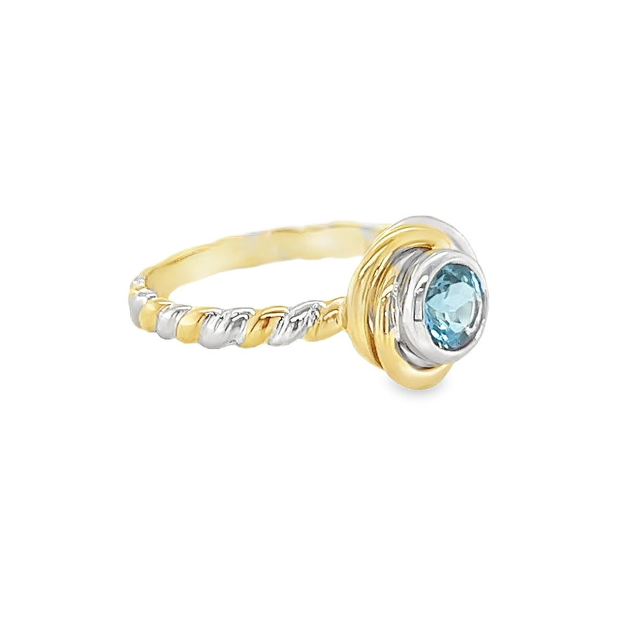 Blue Topaz Knot Ring by Amore 9ct Yellow & White Gold side