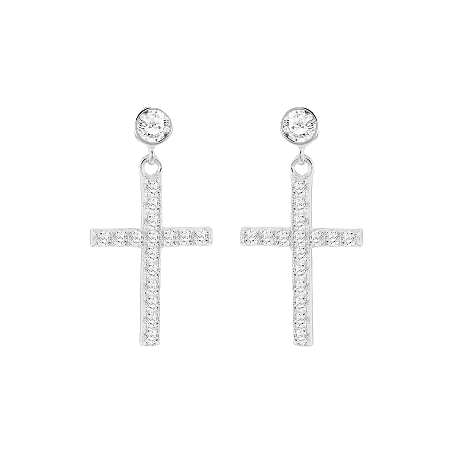 Sterling Silver CZ Cross Drop Earrings