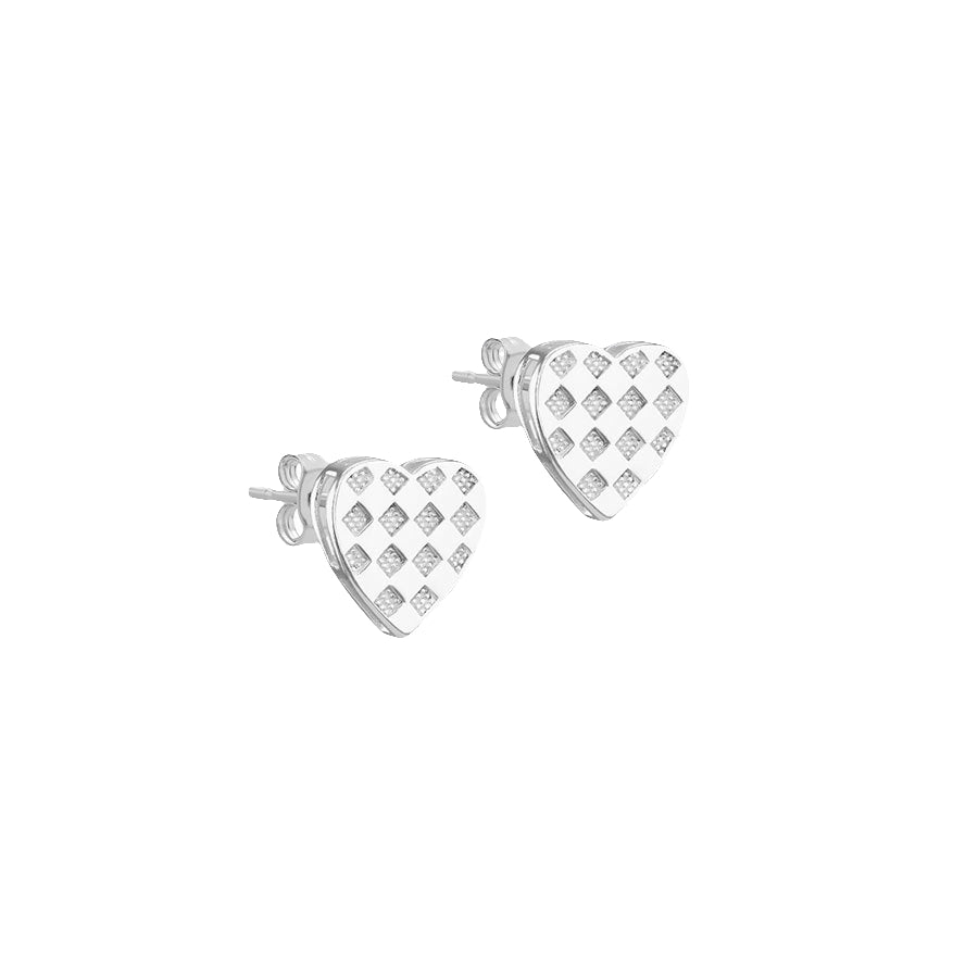 Sterling Silver Checkered Heart Stud Earrings