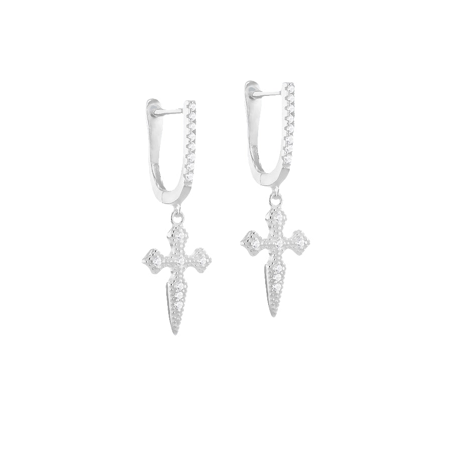 Sterling Silver CZ Dagger Cross Drop Earrings
