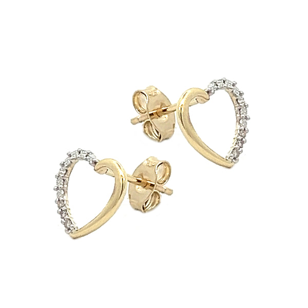 9ct Yellow Gold Open Heart Diamond Stud Earrings
