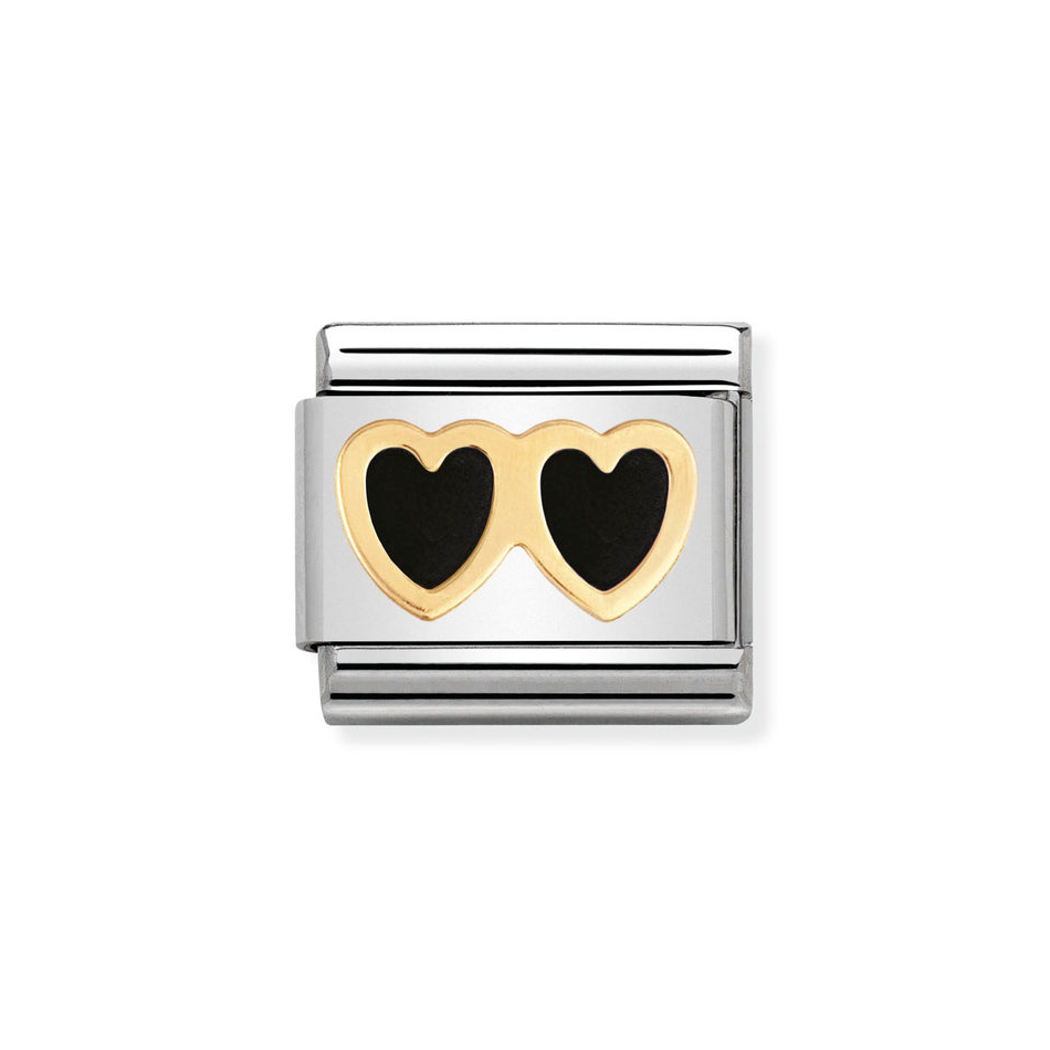 Nomination Classic Link Black Double Heart Charm in Gold and Enamel
