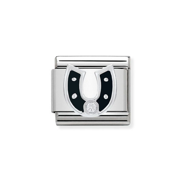 Nomination Classic Link CZ Black Horseshoe Charm in Silver