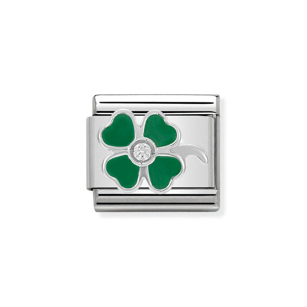 Nomination Classic Link CZ Green Four Leaf Clover Charm in Silver