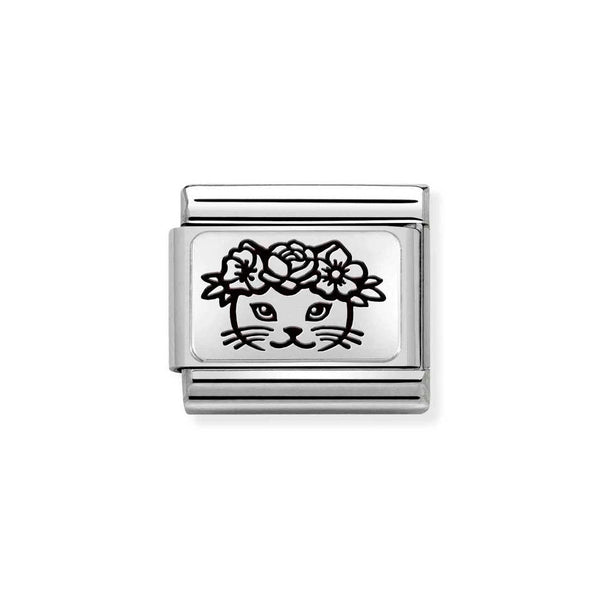 Nomination Classic Link Cat with Flowers Charm in Silver