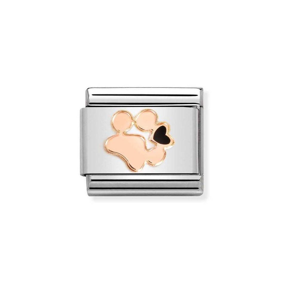 Nomination Classic Link Paw Print Black Heart Charm in Rose Gold