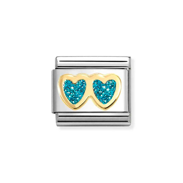 Nomination Classic Link Light Blue Glitter Double Heart Charm in Gold