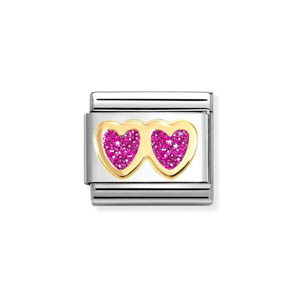 Nomination Classic Link Fuchsia Glitter Double Heart Charm in Gold