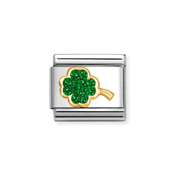 Nomination Classic Link Green Glitter Four Leaf Clover Charm in Gold