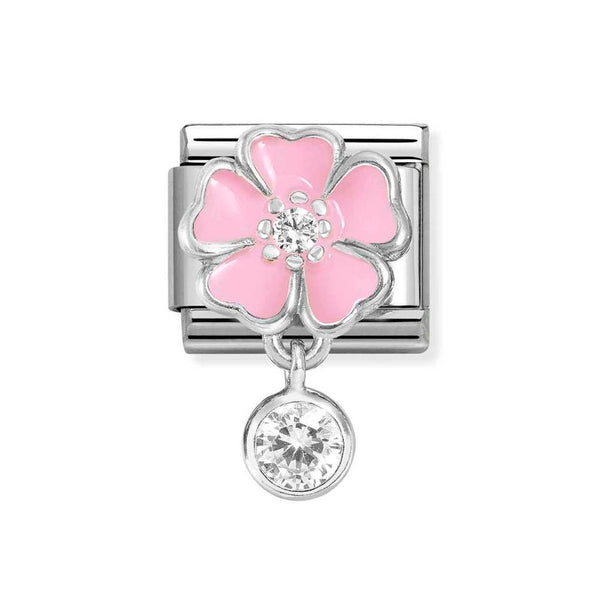  Nomination Classic Link Pendant Pink Flower & Round CZ Charm in Silver