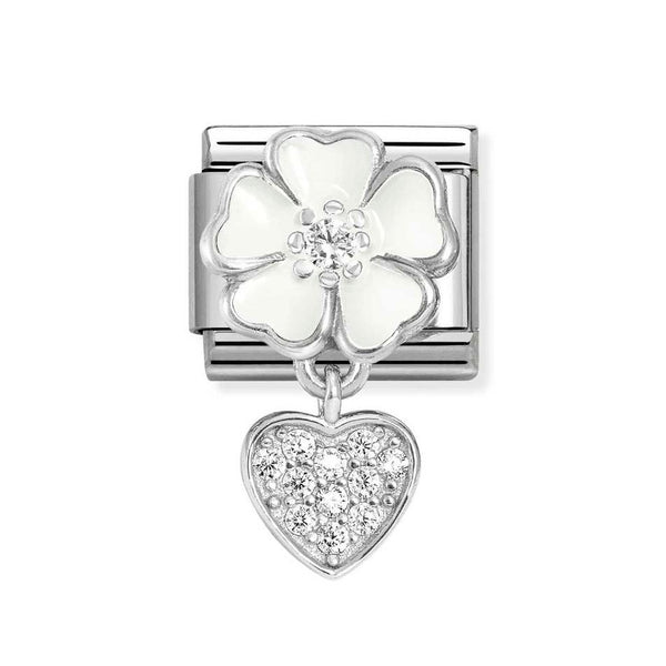 Nomination Classic Link Pendant White Flower & Heart CZ Charm in Silver