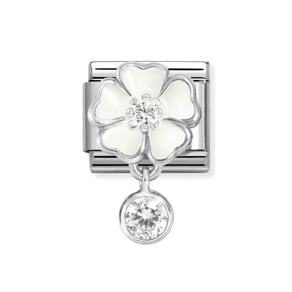 Nomination Classic Link Pendant White Flower & Round CZ Charm in Silver
