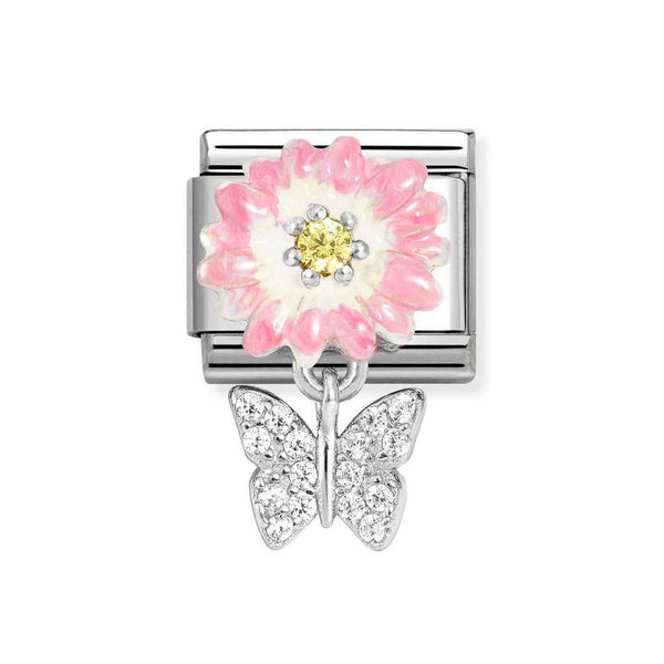Nomination Classic Link Pendant Pink Flower Yellow CZ & Butterfly CZ Charm in Silver