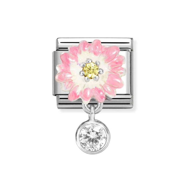 Nomination Classic Link Pendant Pink Flower Yellow CZ & Round CZ Charm in Silver