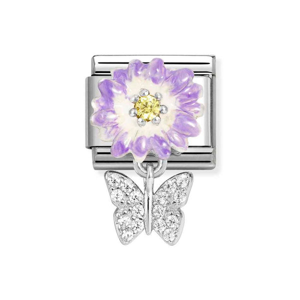 Nomination Classic Link Pendant Purple Flower Yellow CZ & Butterfly CZ Charm in Silver
