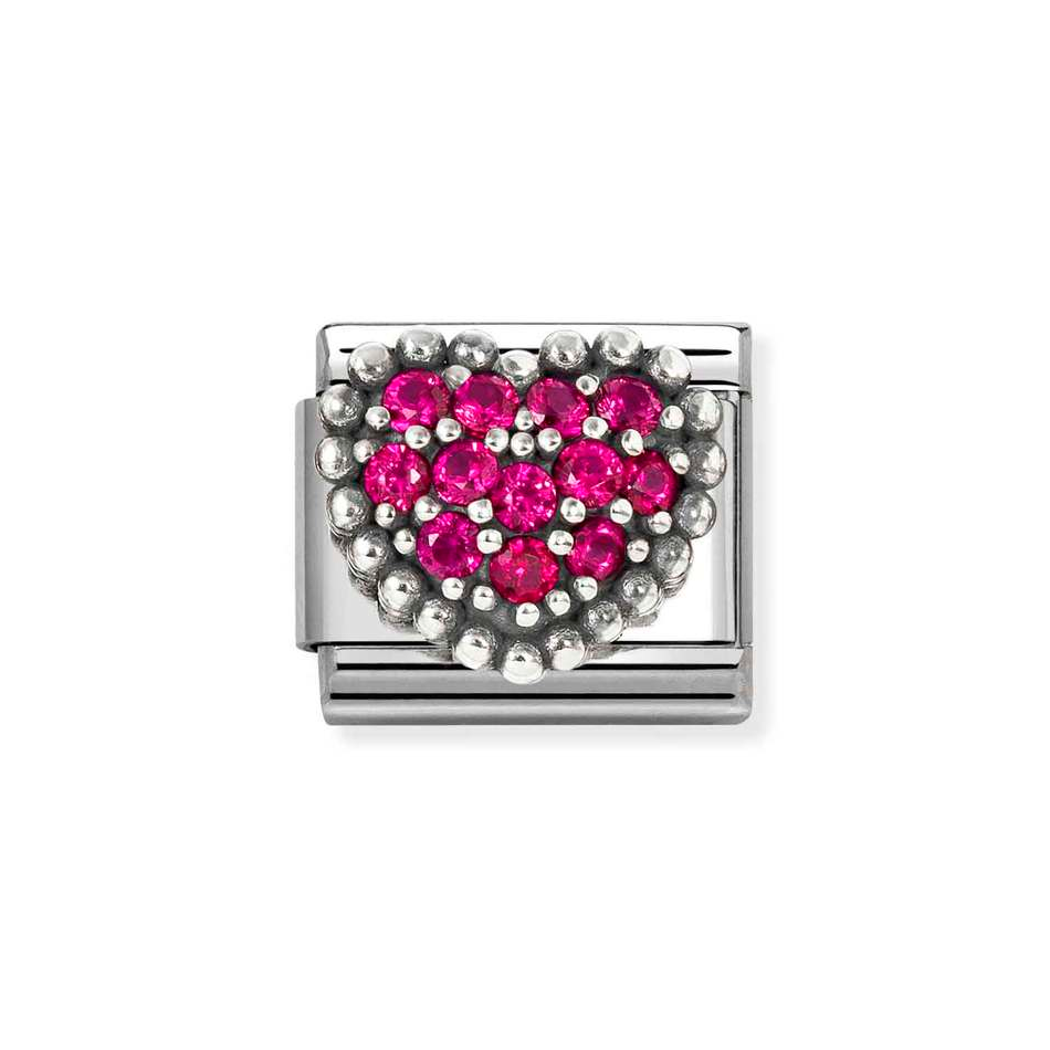 Nomination Classic Link Red CZ Beaded Heart Charm in Silver