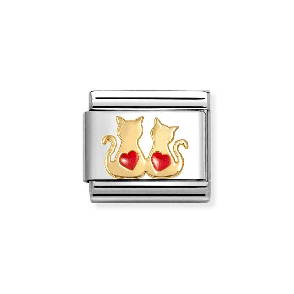 Nomination Classic Link Double Red Heart Cats Charm in Gold