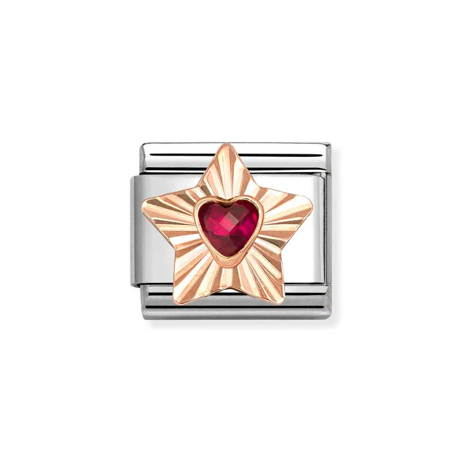 Nomination Classic Link Diamond Cut Star Heart Cut Red CZ Charm in Rose Gold
