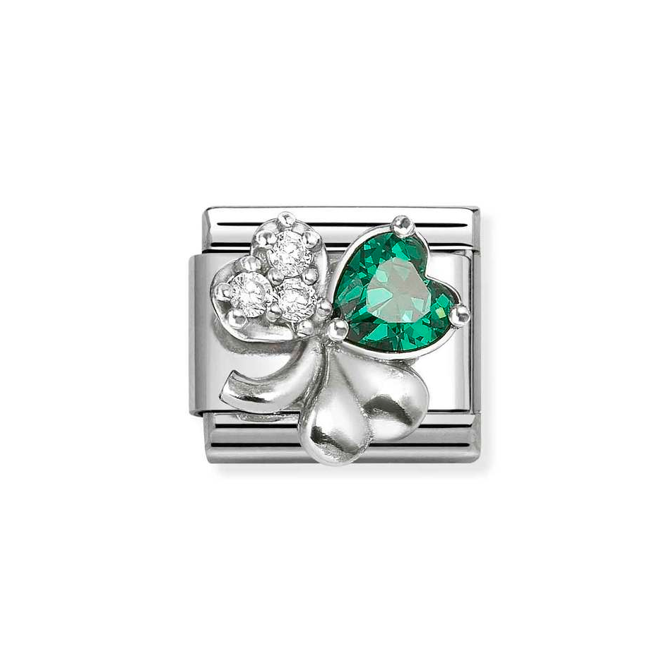 Nomination Classic Link White & Green CZ Clover Charm in Silver