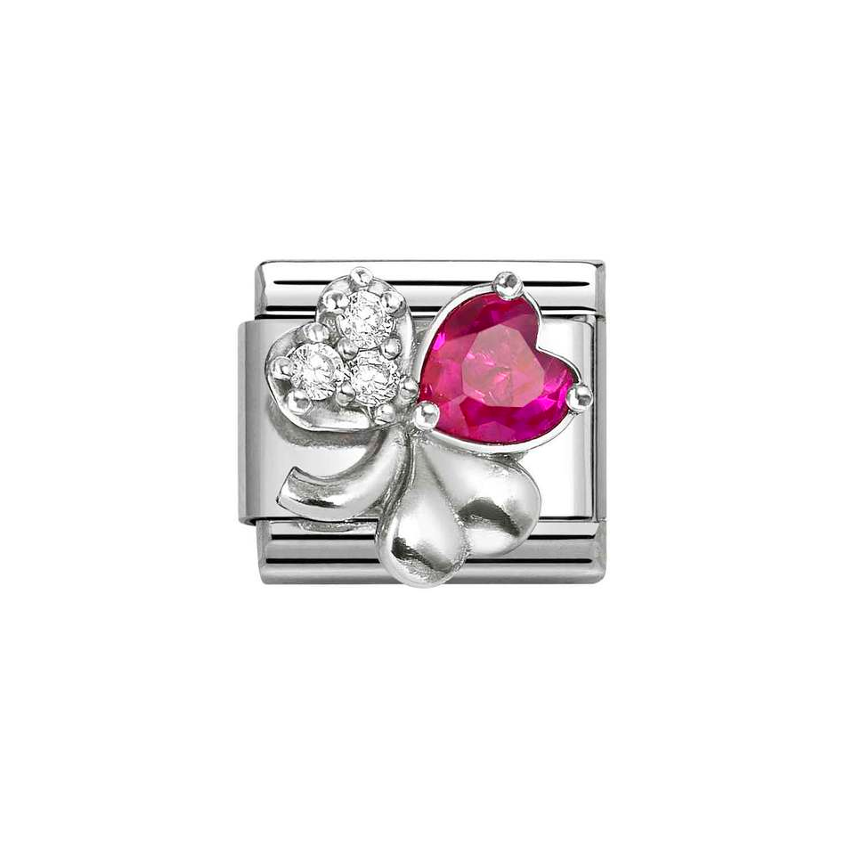 Nomination Classic Link White & Red CZ Clover Charm in Silver