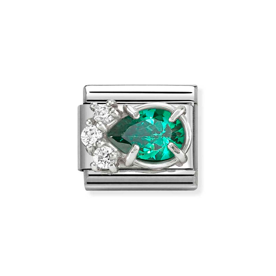 Nomination Classic Link White & Green Teardrop CZ Charm in Silver