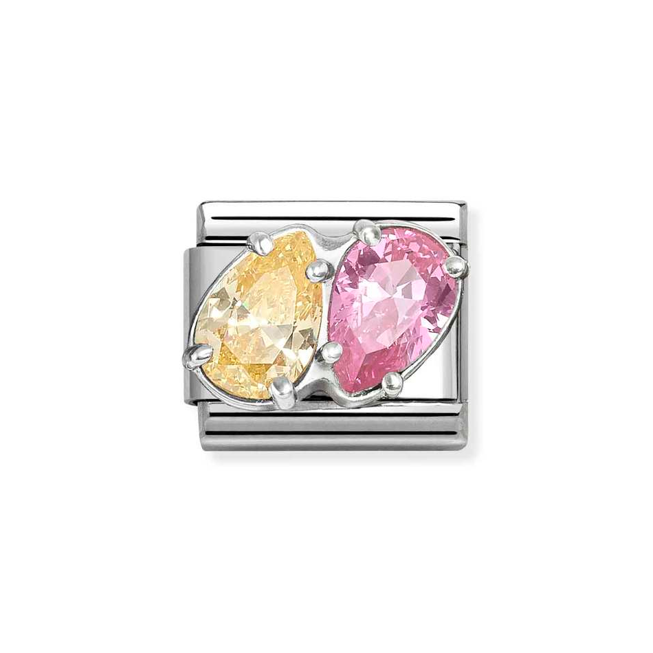 Nomination Classic Link Yellow & Pink Double Teardrop CZ Charm in Silver