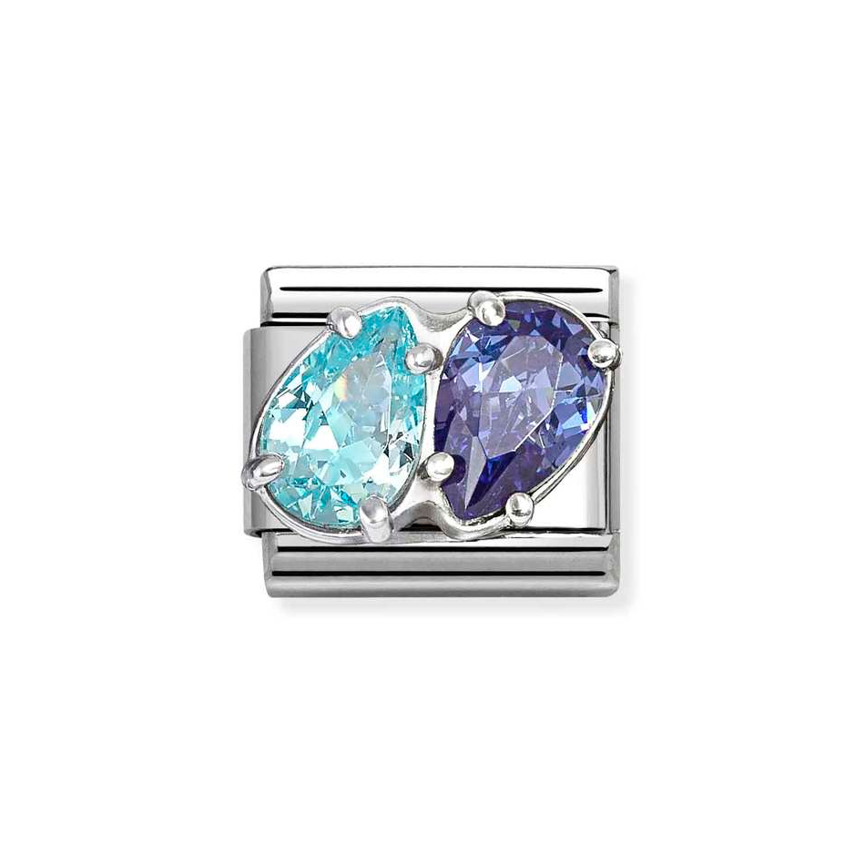 Nomination Classic Link Light & Dark Blue Double Teardrop CZ Charm in Silver