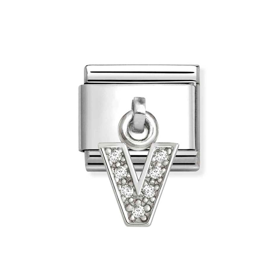 Nomination Classic Link Pendant CZ Letter V Charm in Silver