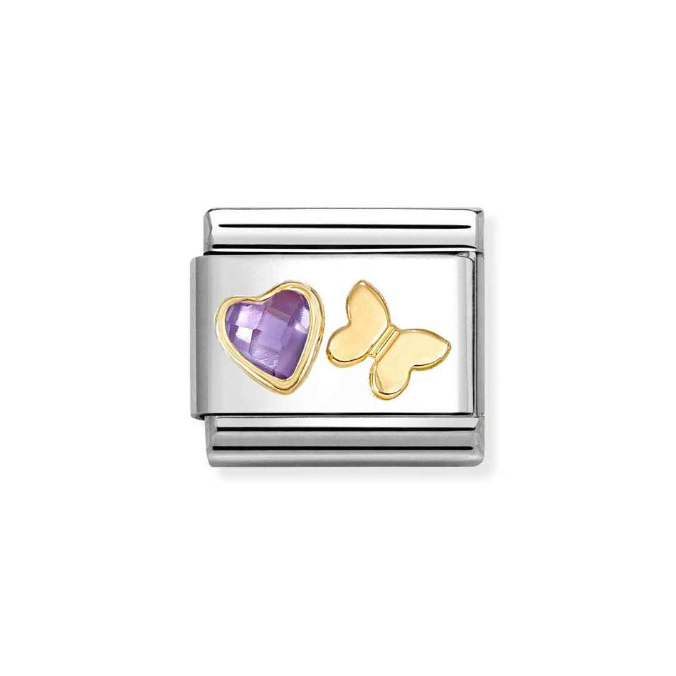 Nomination Classic Link Purple Faceted CZ Heart and Gold Butterfly Charm in Gold