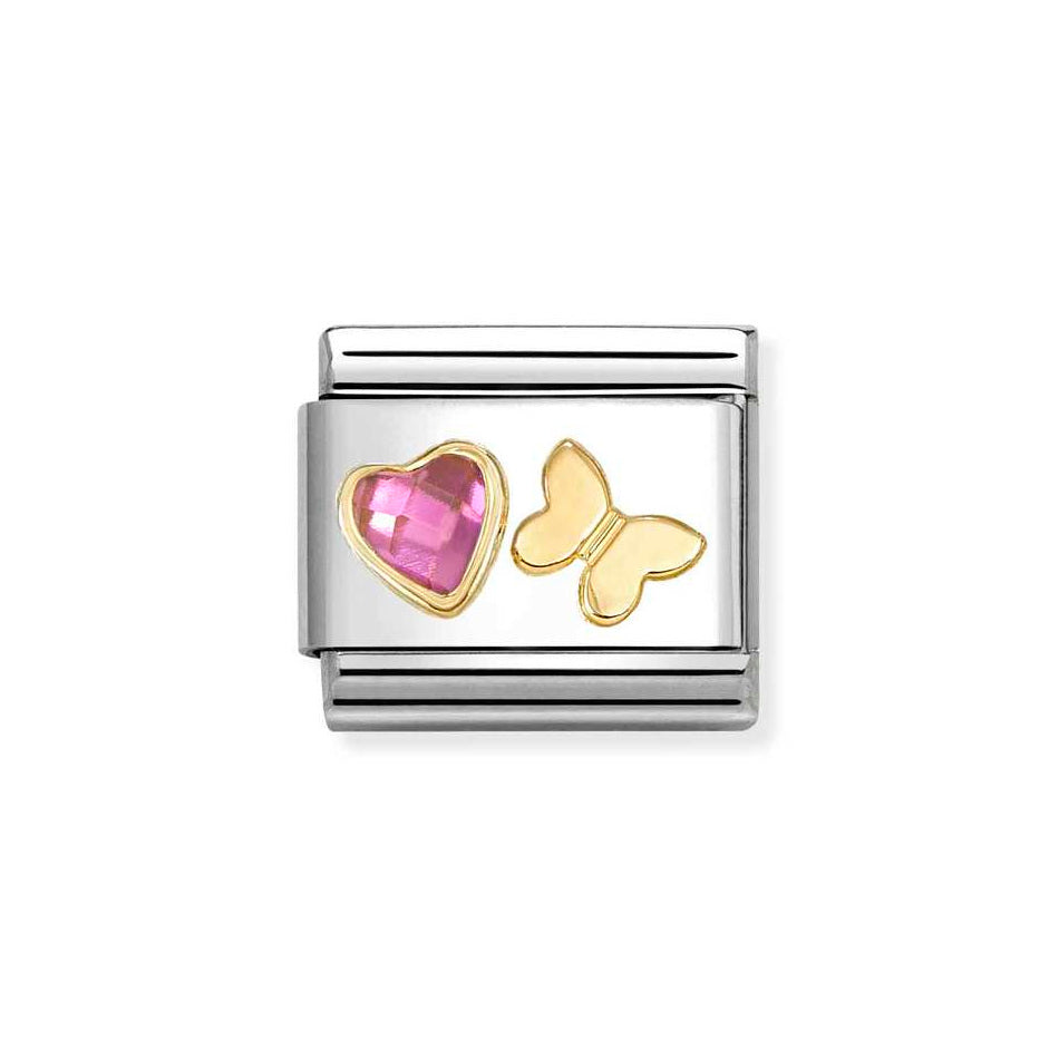 Nomination Classic Link Fuchsia Faceted CZ Heart and Gold Butterfly Charm in Gold