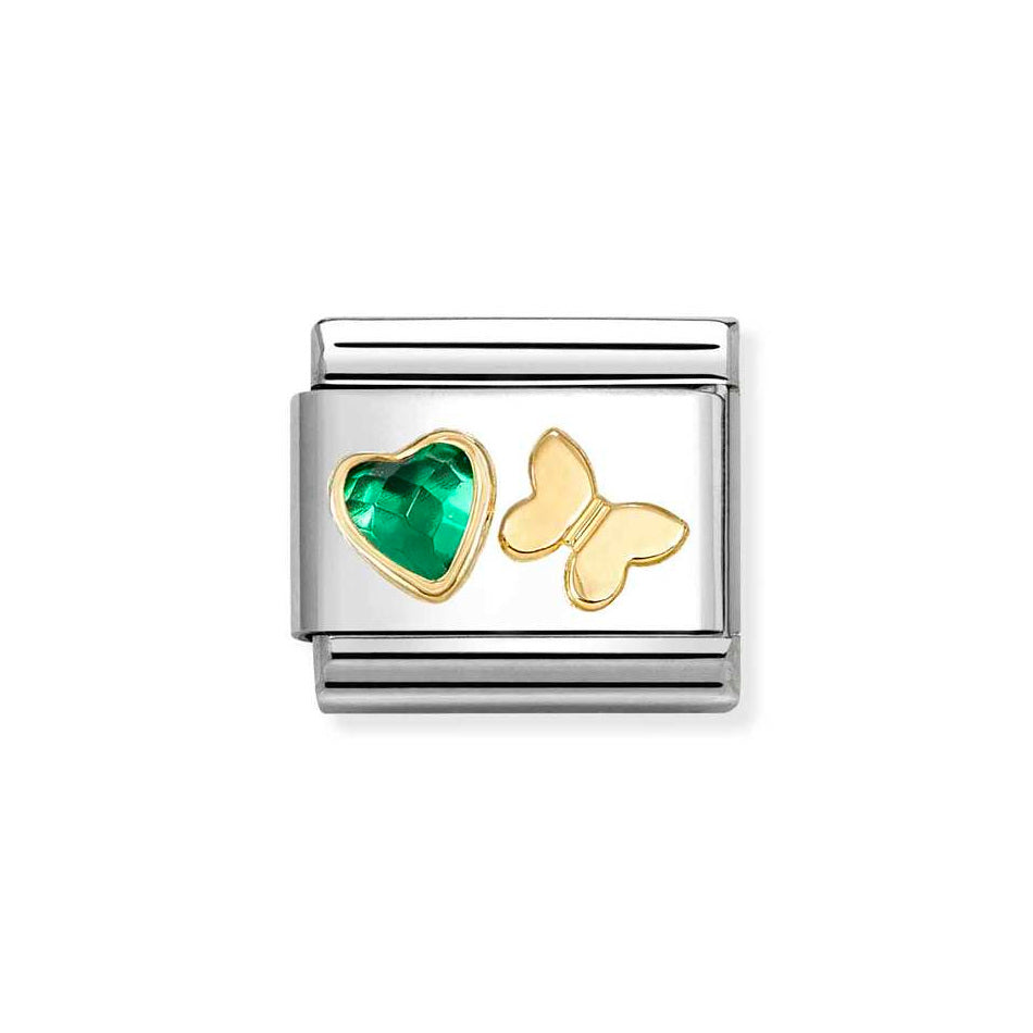 Nomination Classic Link Green Faceted CZ Heart and Gold Butterfly Charm in Gold