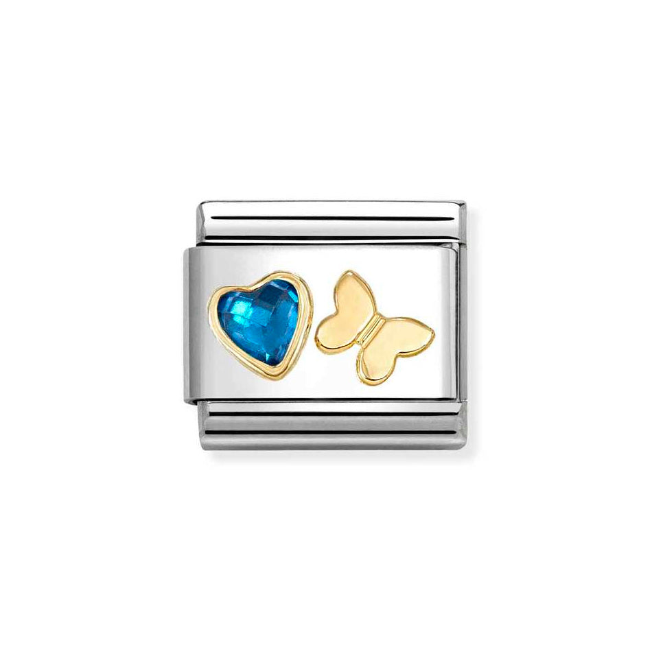 Nomination Classic Link Blue Faceted CZ Heart and Gold Butterfly Charm in Gold