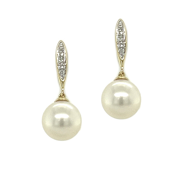 9ct Yellow Gold Cultured Pearl & Diamond Drop Earrings