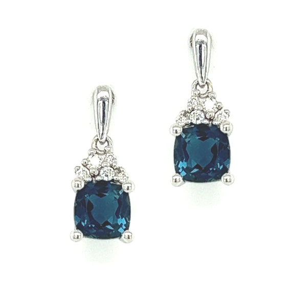 9ct White Gold London Blue Topaz & Diamond Drop Earrings