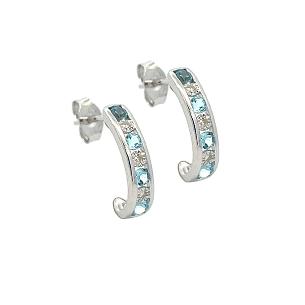 Blue Topaz & Diamond Half Hoop Earrings 9ct White Gold