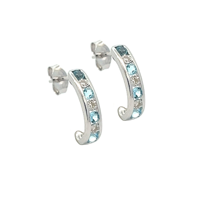 Blue Topaz & Diamond Half Hoop Earrings 9ct White Gold