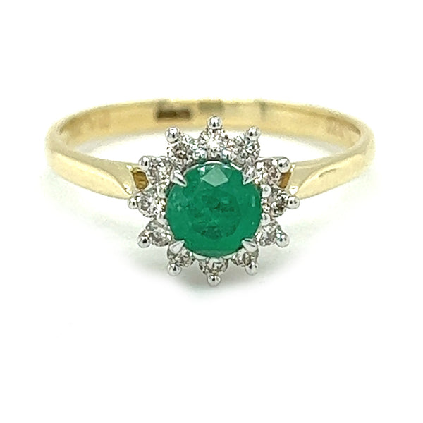 Round Emerald & Diamond Cluster Ring 9ct Gold