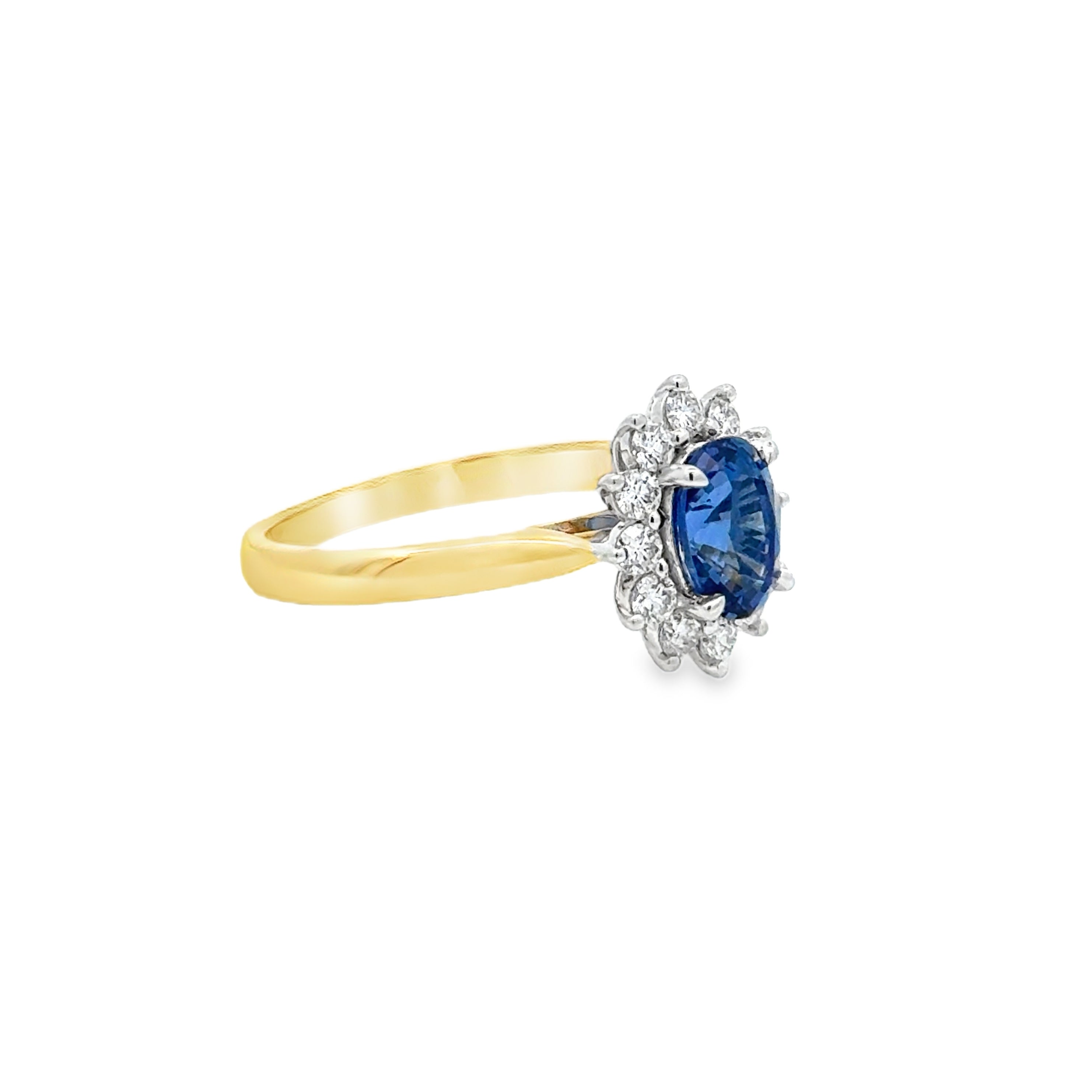 Ceylon Sapphire & Diamond Oval Cluster Ring 18ct Gold SIDE