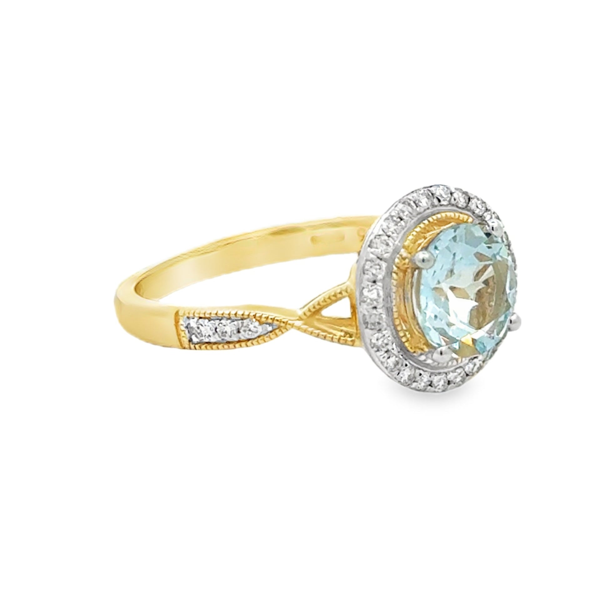 9ct Gold Round Aquamarine & Diamond Ring side