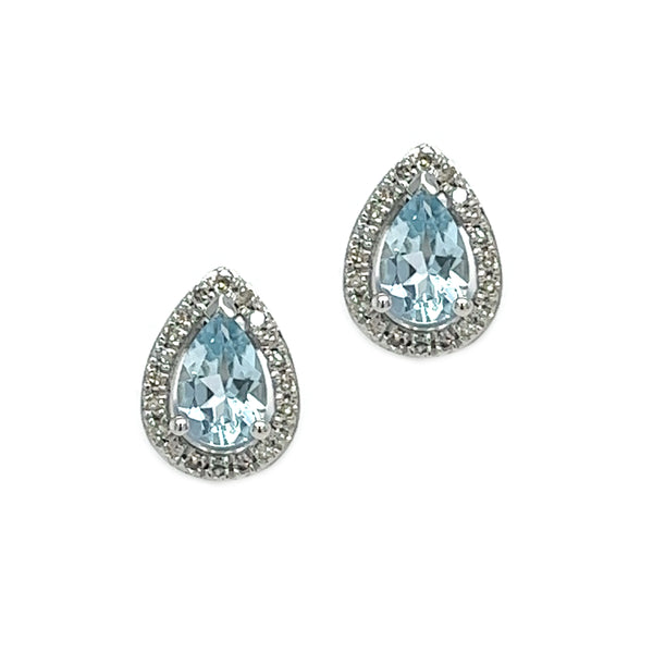9ct White Gold Pear Shaped Aquamarine & Diamond Cluster Earrings