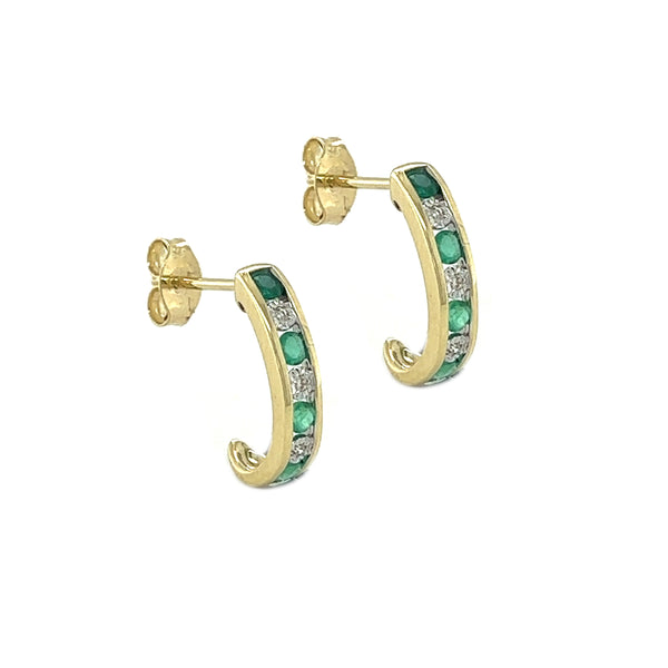 Emerald & Diamond Half Hoop Earrings 9ct Gold
