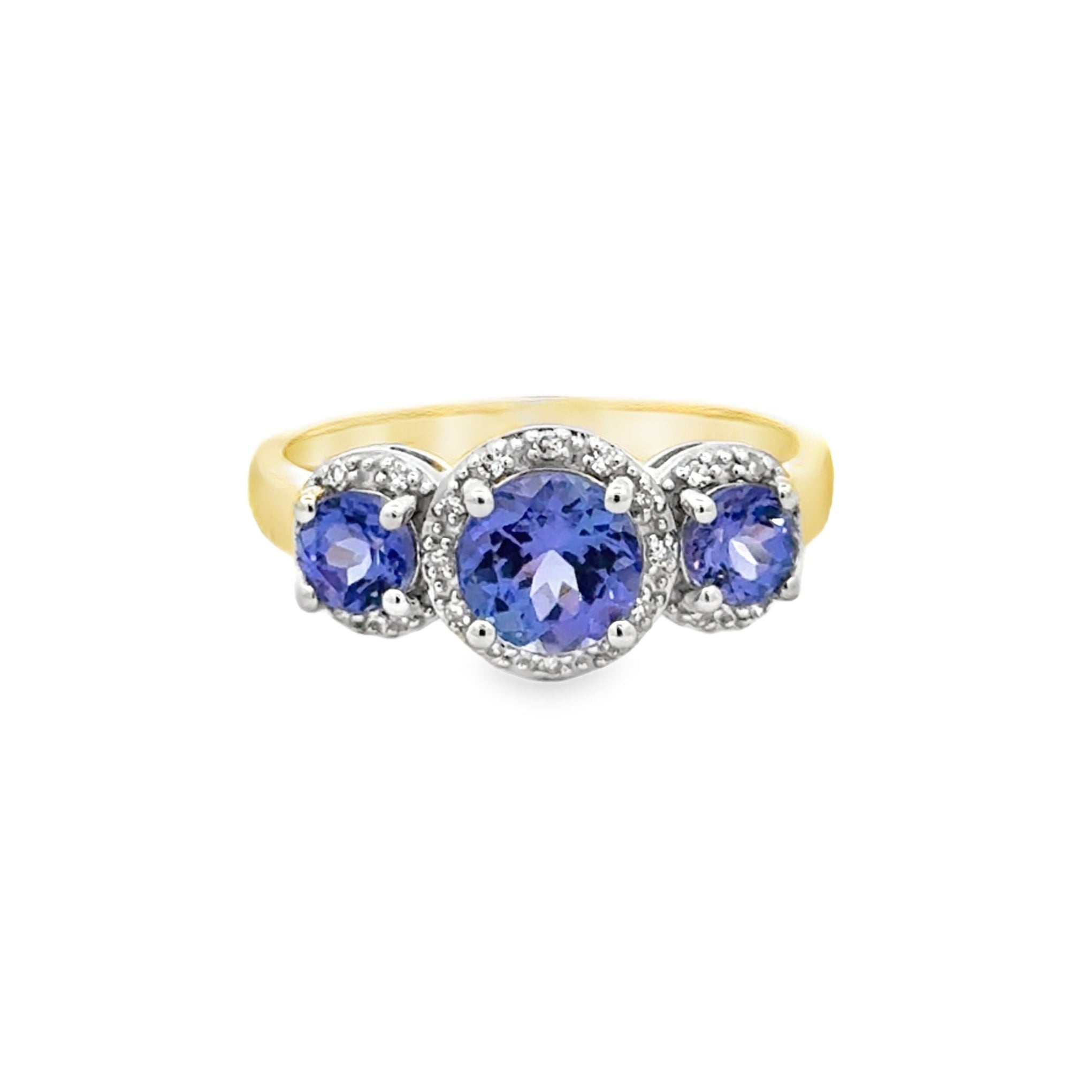 Triple Tanzanite Halo Diamond Ring 9ct Gold