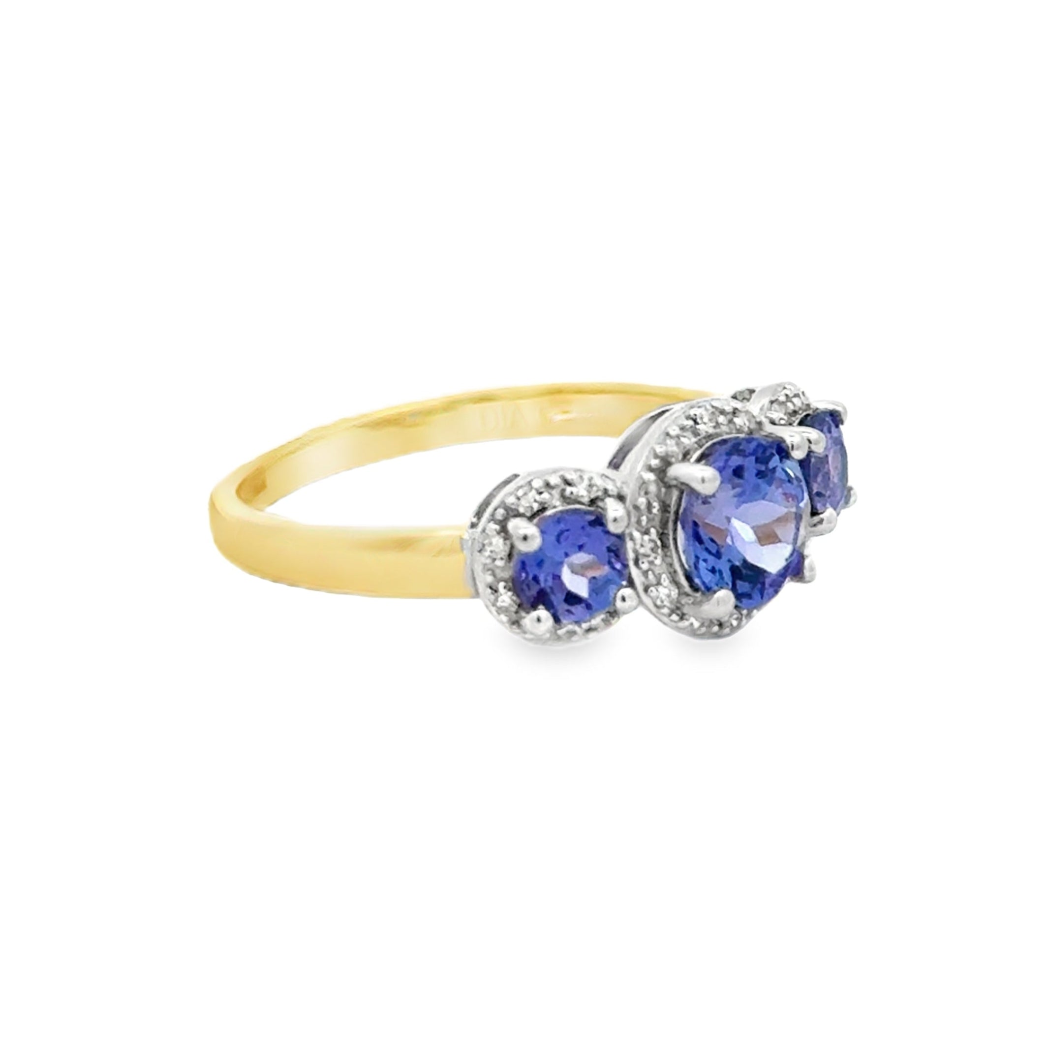 Triple Tanzanite Halo Diamond Ring 9ct Gold SIDE