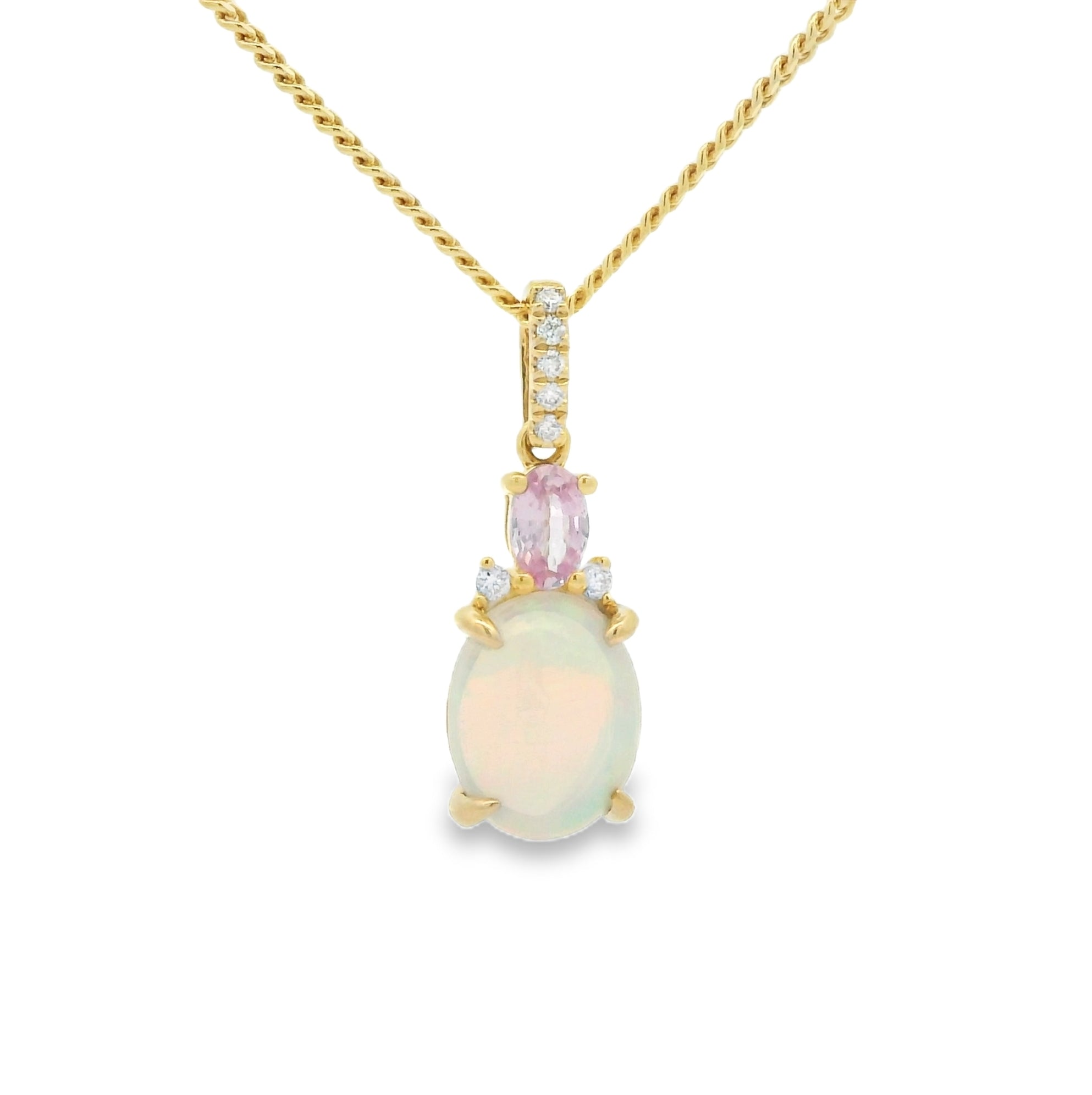 Opal Diamond & Pink Sapphire Necklace 9ct Yellow Gold
